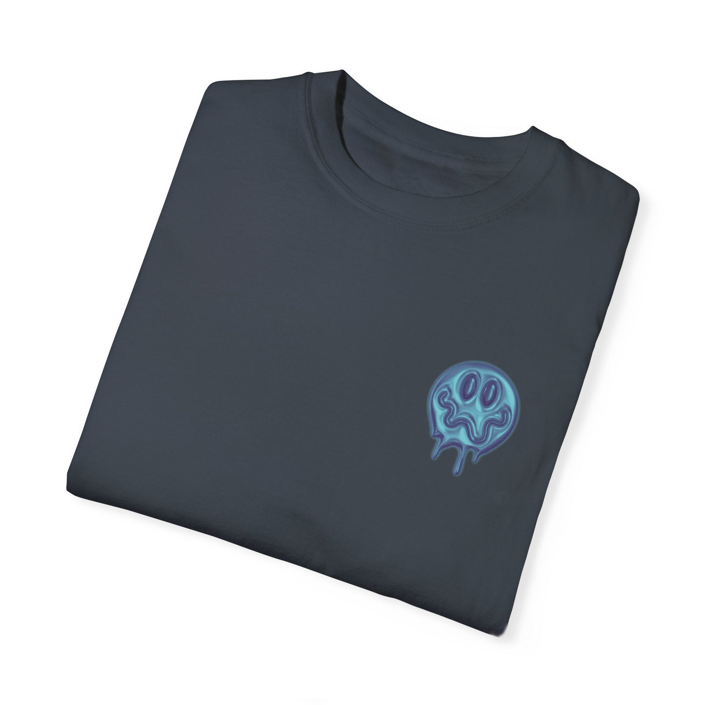 Casual Blue T-Shirt w/ Text and Smile Face Graphic
